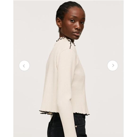 Mango MNG Ribbed Long Sleeve T-Shirt Cream Black Lettuce Edge Trim Mock Neck XS - Picture 7 of 13